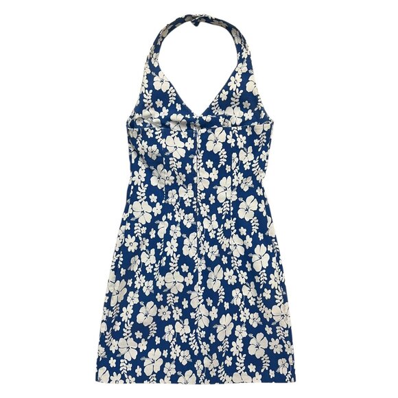 City Triangles Hawaiian Floral Halter Mini Dress Blue 4 Tropical Resort Luau - Picture 2 of 9